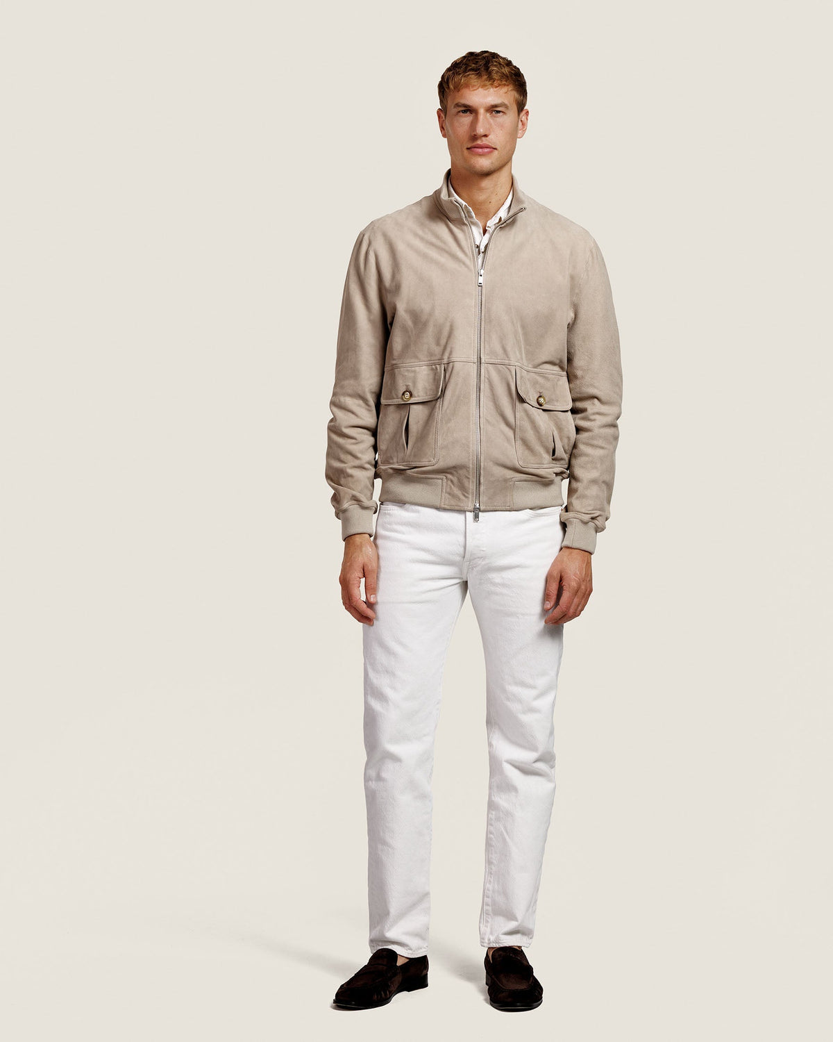Heren Herfst Winter Jas met Hoge Kraag in Velourslook in Taupe