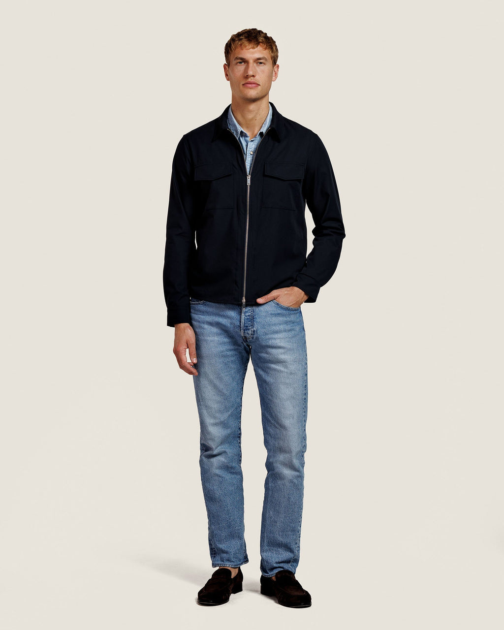Heren Herfst Winter Overshirt met Borstzakken en Verdekte Knoopsluiting in Marineblauw