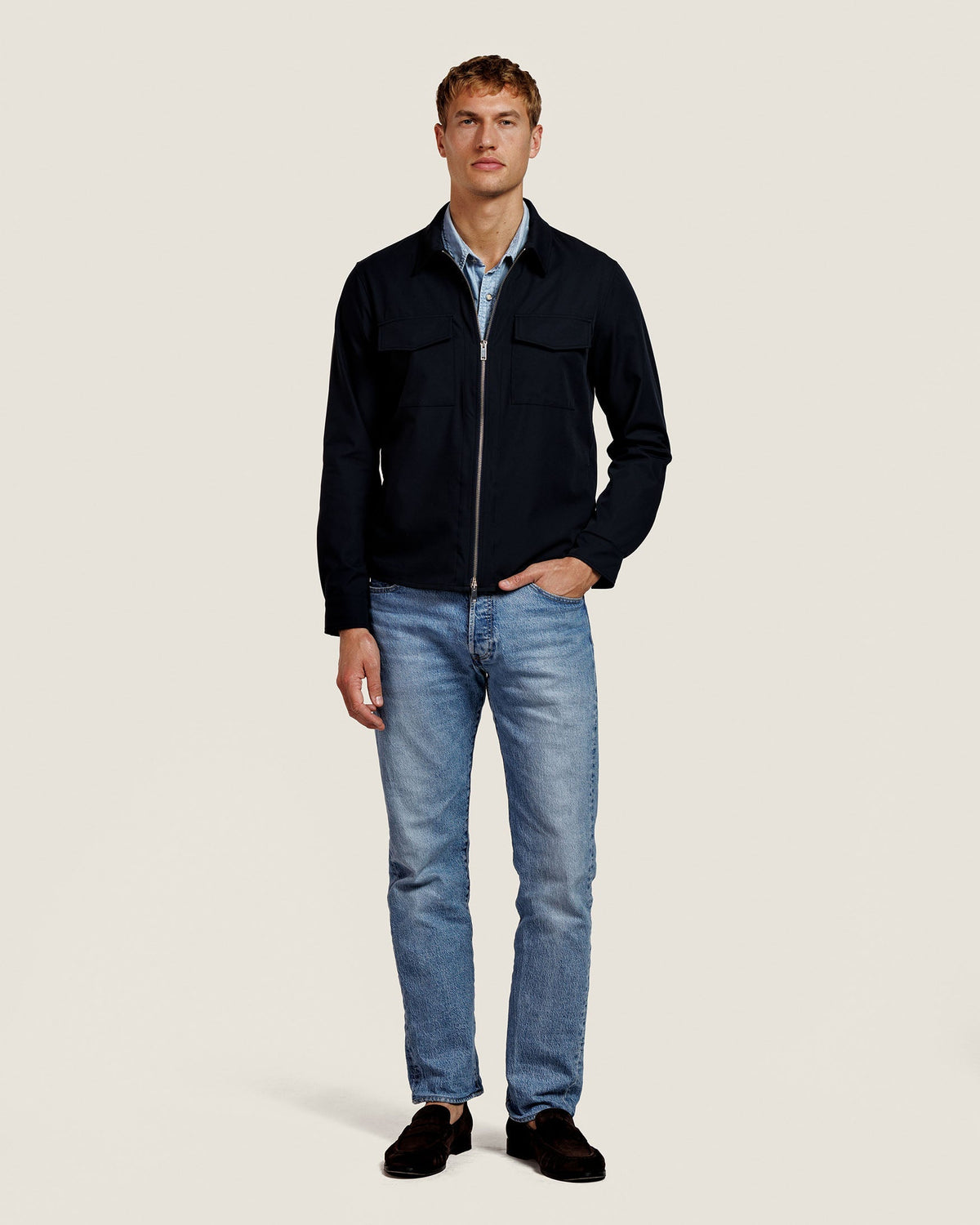 Heren Herfst Winter Overshirt met Borstzakken en Verdekte Knoopsluiting in Marineblauw
