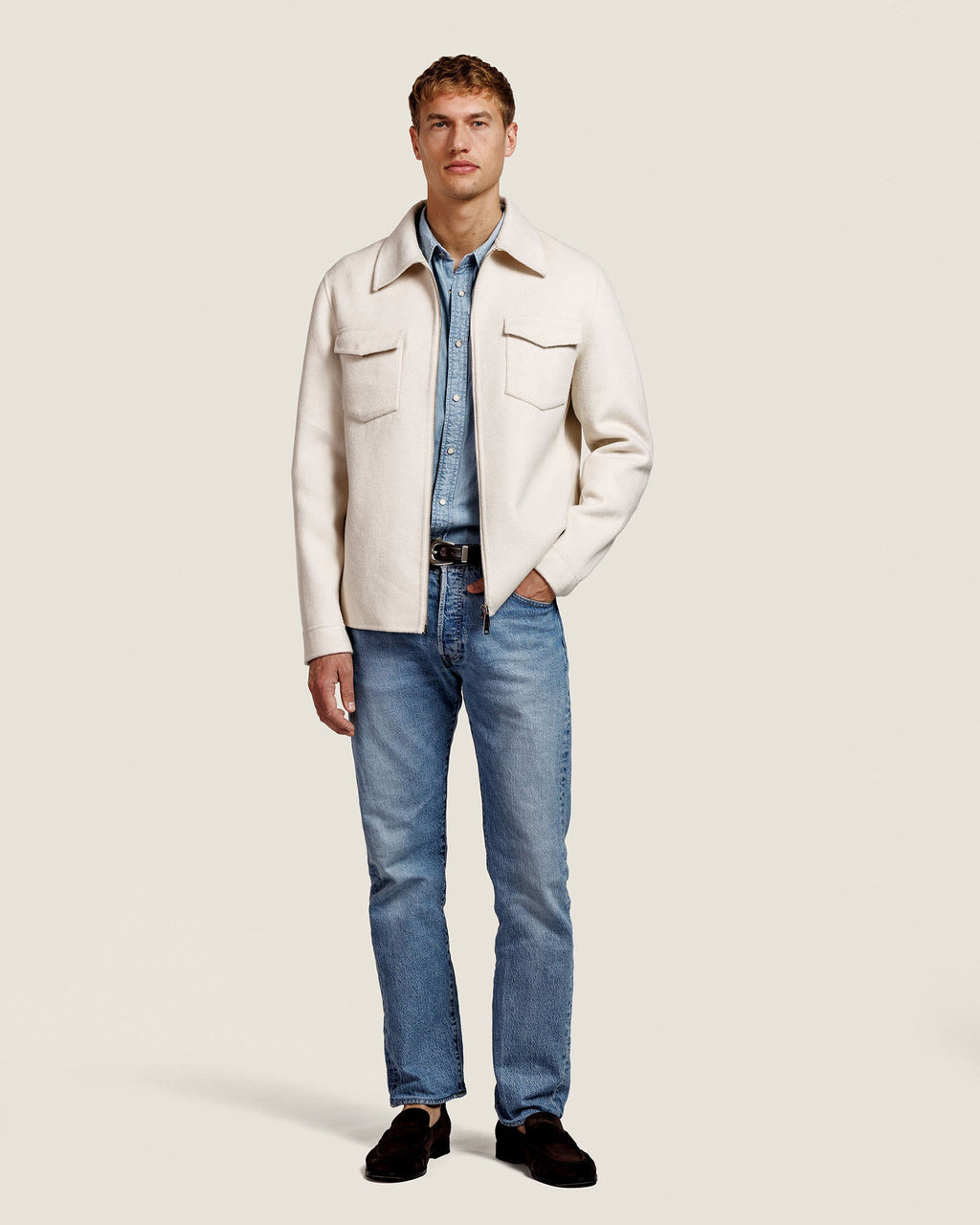 Heren Herfst Winter Overshirt met Borstzakken en Verdekte Knoopsluiting in Vanille – afbeelding 2