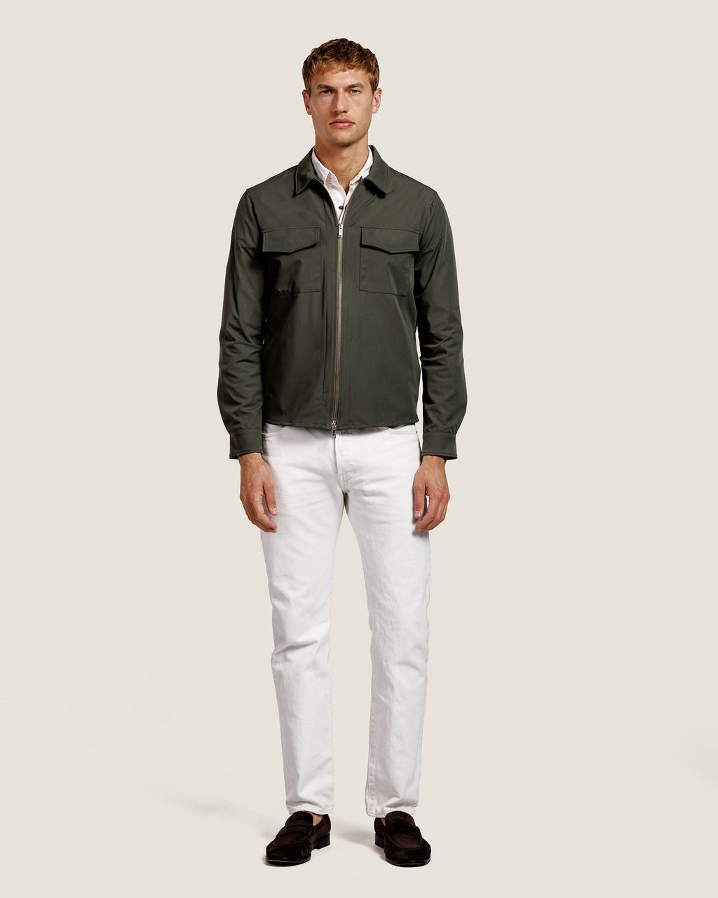 Heren Herfst Winter Overshirt met Rits en Borstzakken in Kaki – afbeelding 2