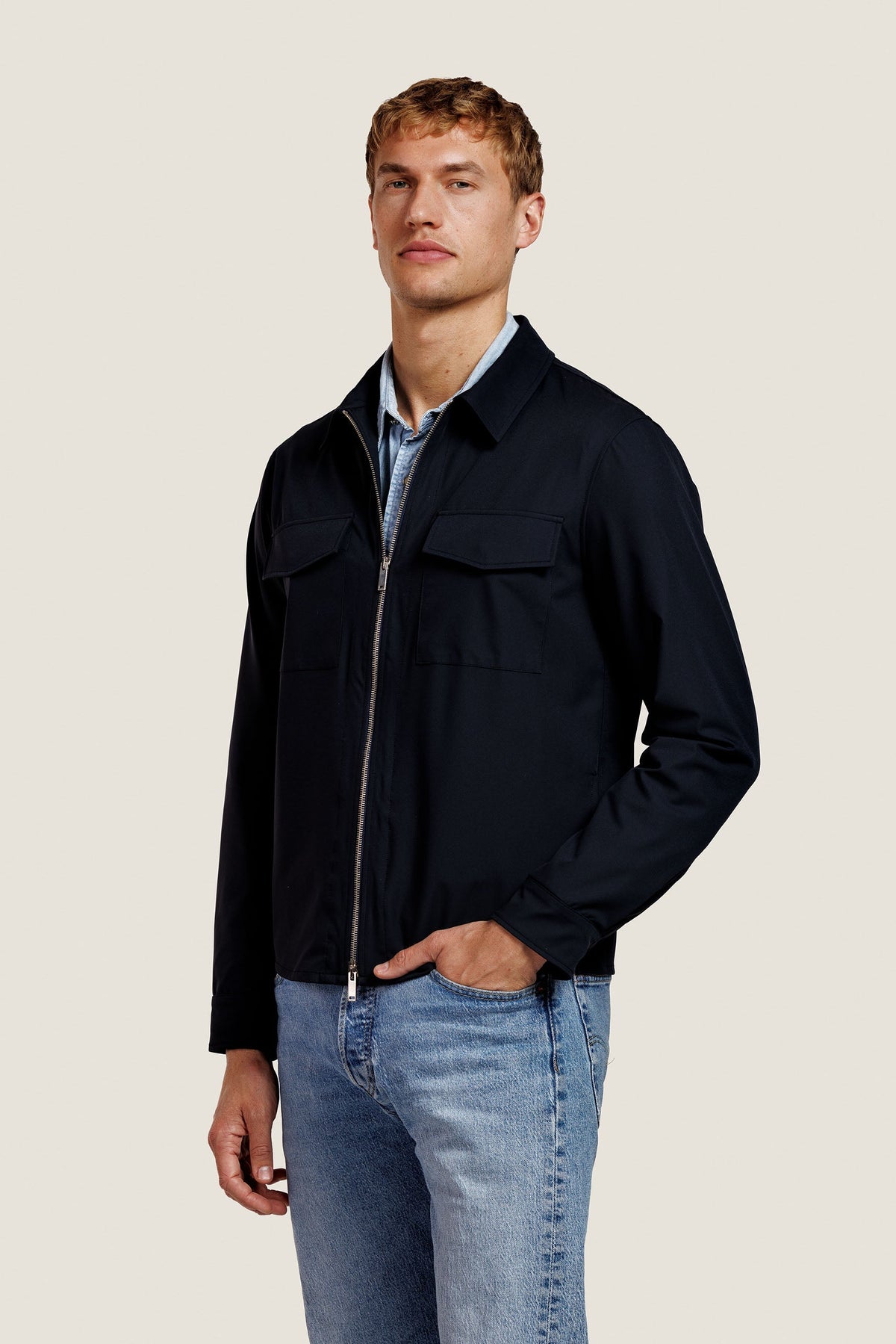 Heren Herfst Winter Overshirt met Rits en Borstzakken in Marineblauw – afbeelding 2